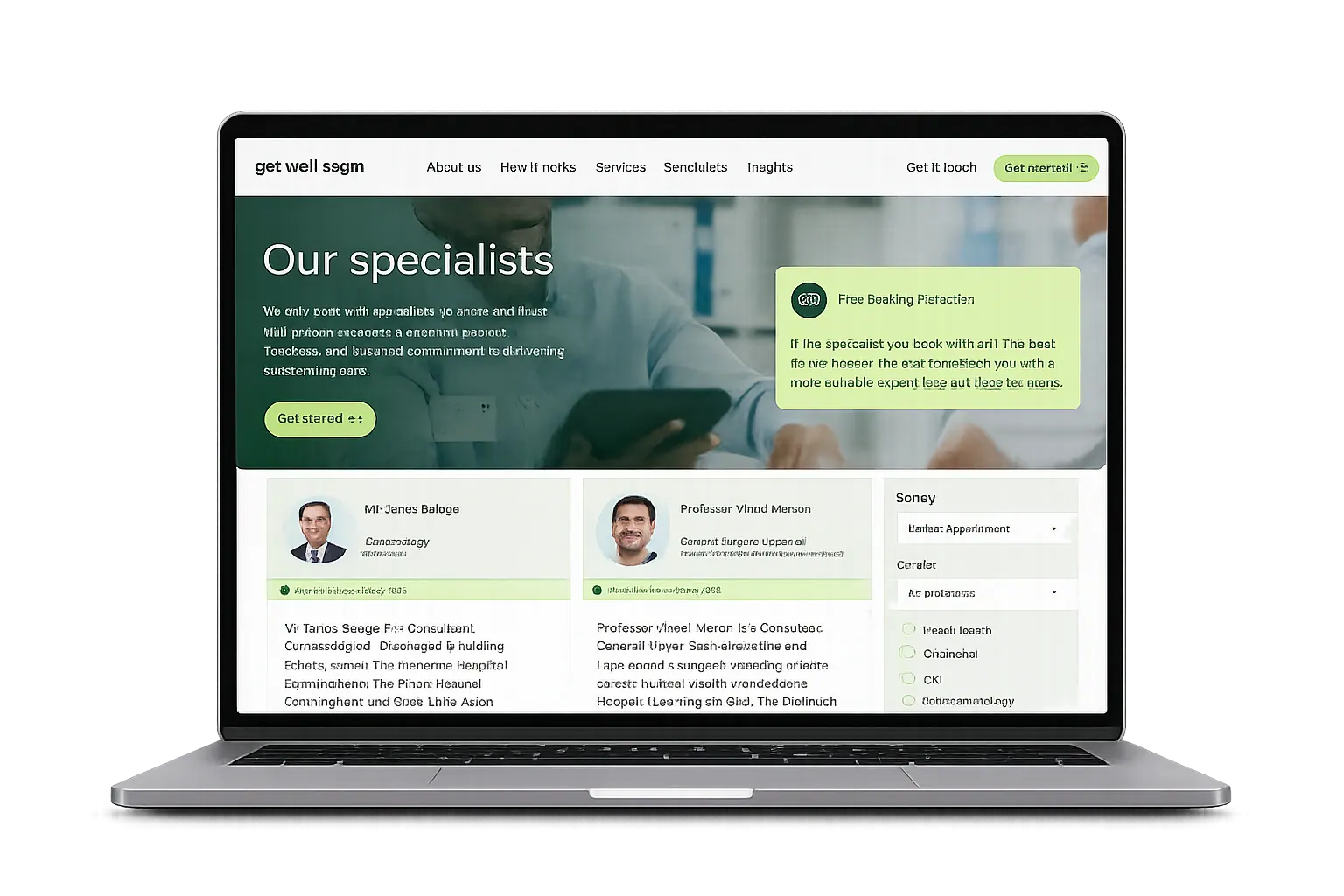 Get Well Soon consultant booking platform shown on a laptop