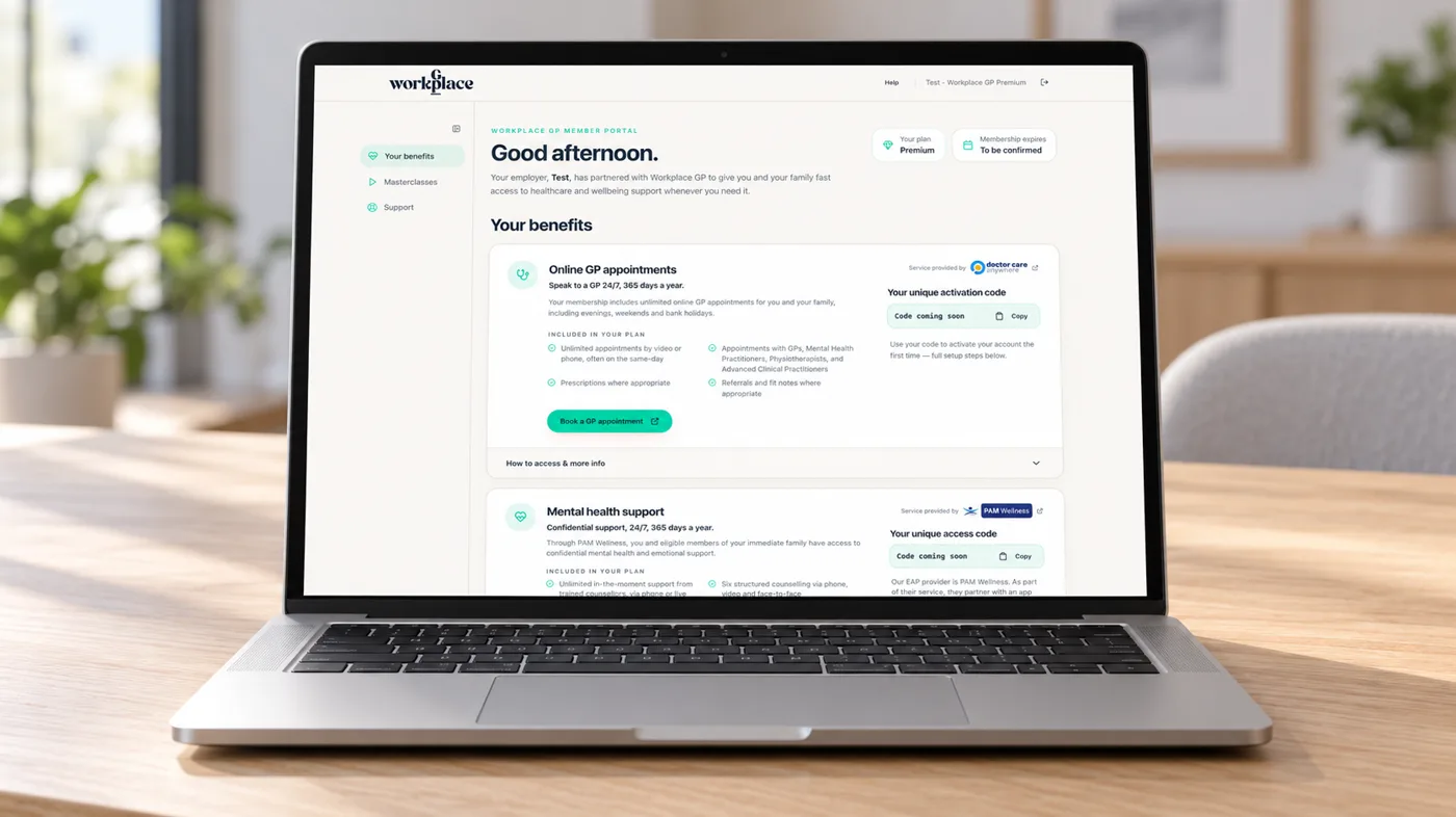 The Workplace GP member portal shown on a laptop